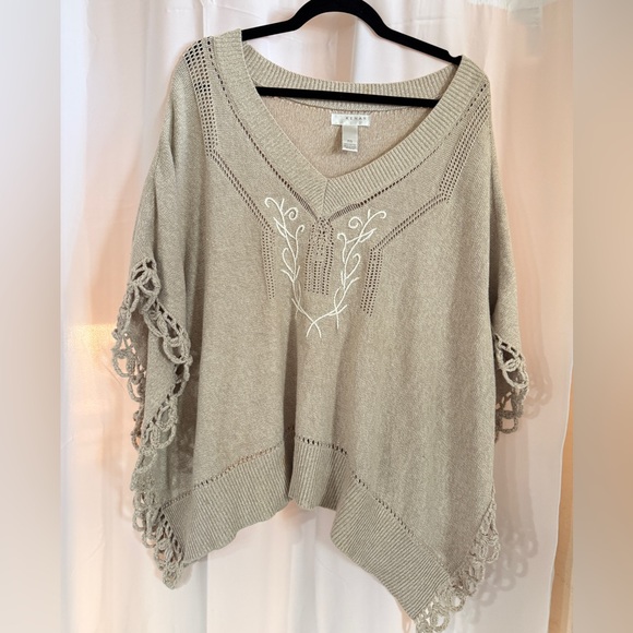 Kenar Sweaters - Vintage Kenar Crochet Poncho Sweater | 90s Boho Cotton Knit V-Neck
